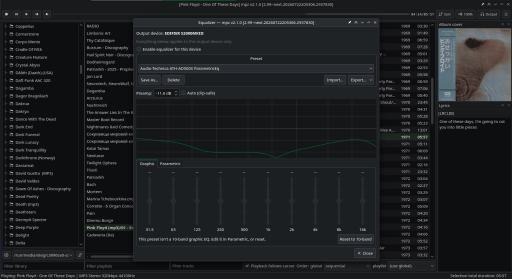 The mpz equalizer dialog: output device, preset list with import and export, preamp, response curve, and the 10-band graphic sliders