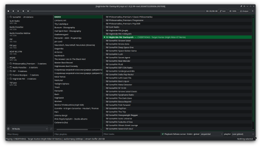 The mpz Radio library: station groups on the left, playlists in the middle, and stations on the right with the live stream title of the playing station